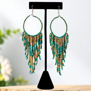 Turquoise Gold Seed Bead Fringe Hoop Earrings Boho Festival Statement Jewelry